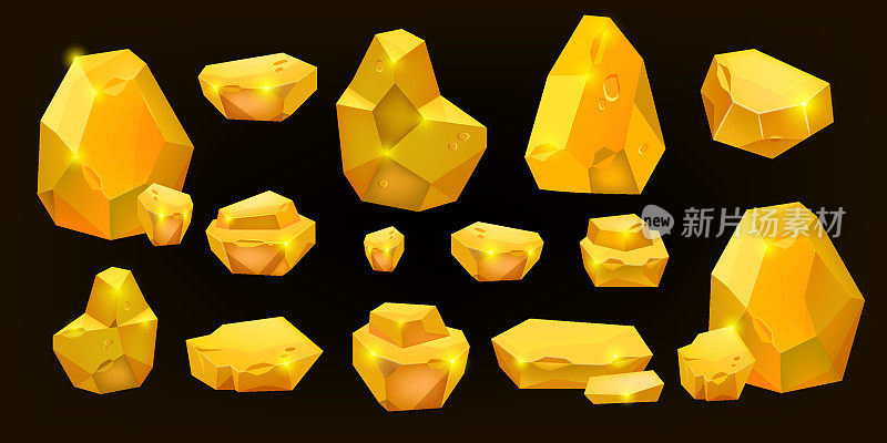 Gold nugget vector icon set, golden game UI stone kit, cartoon treasure amber rock isolated on black.